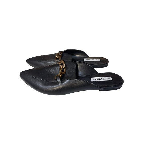 Steve Madden Womens Black Leather Loafers Mules Size 8.5M With Chain Detail - Picture 1 of 6